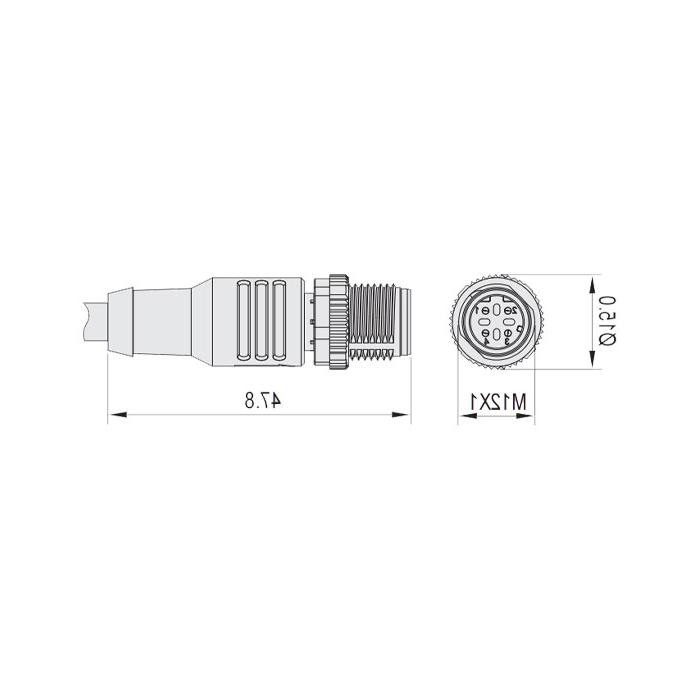 M12 4Pin D-coded、公头直型、单端预铸PUR柔性电缆、黑色护套、64SD35-XXX